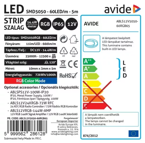 AVIDE LED SZALAG 12V 14,4W SMD5050 60LED RGB IP65 5M