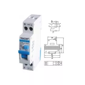   TRACON KVKVE-25/30, KOMBINÁLT VÉDŐKAPCSOLÓ, ELEKTRONIKUS, 2P, 1 MODUL, C KAR. C25, 30MA, 6KA, AC, E3